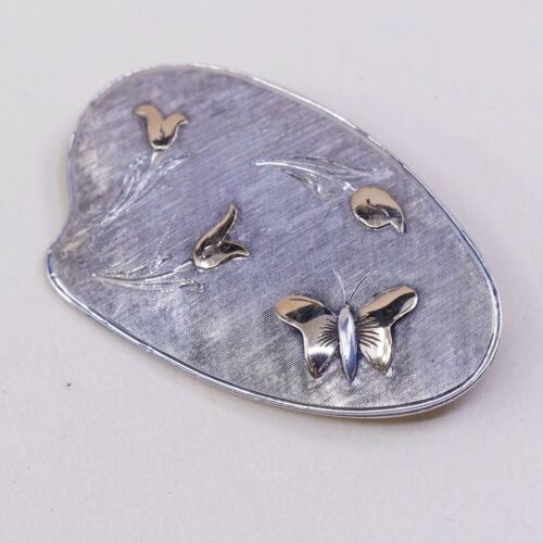 Vtg 925 Sterling 925 Silver Handmade Brooch Pin W/ 18K Gold Butterfly N Flower