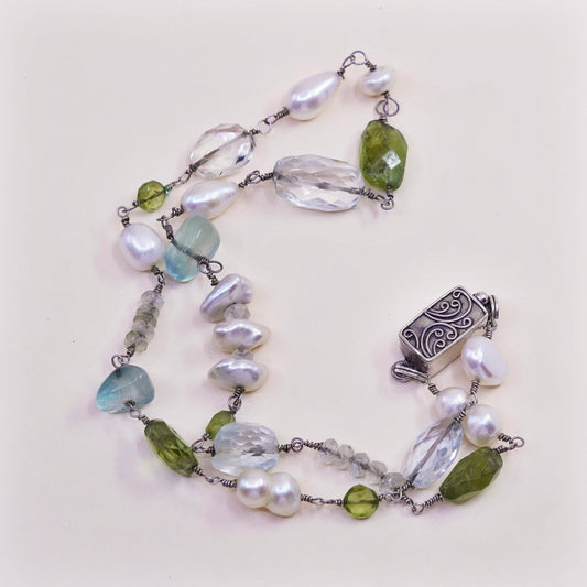 16”, vtg sterling 925 silver handmade necklace with nugget prehnite and pearl