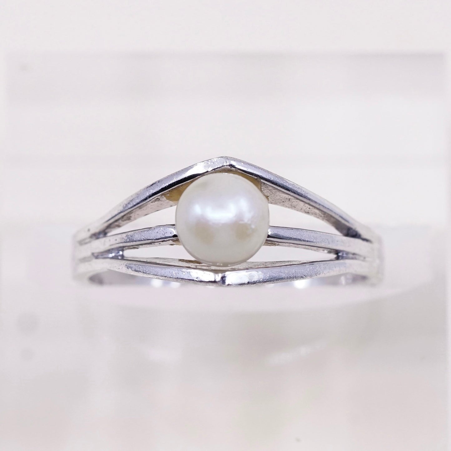 Size 8.25, vintage Sterling silver handmade ring, modern 925 band with pearl