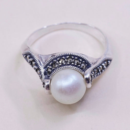 sz 7.25, Judith Jack sterling 925 silver handmade ring w/ pearl and marcasite