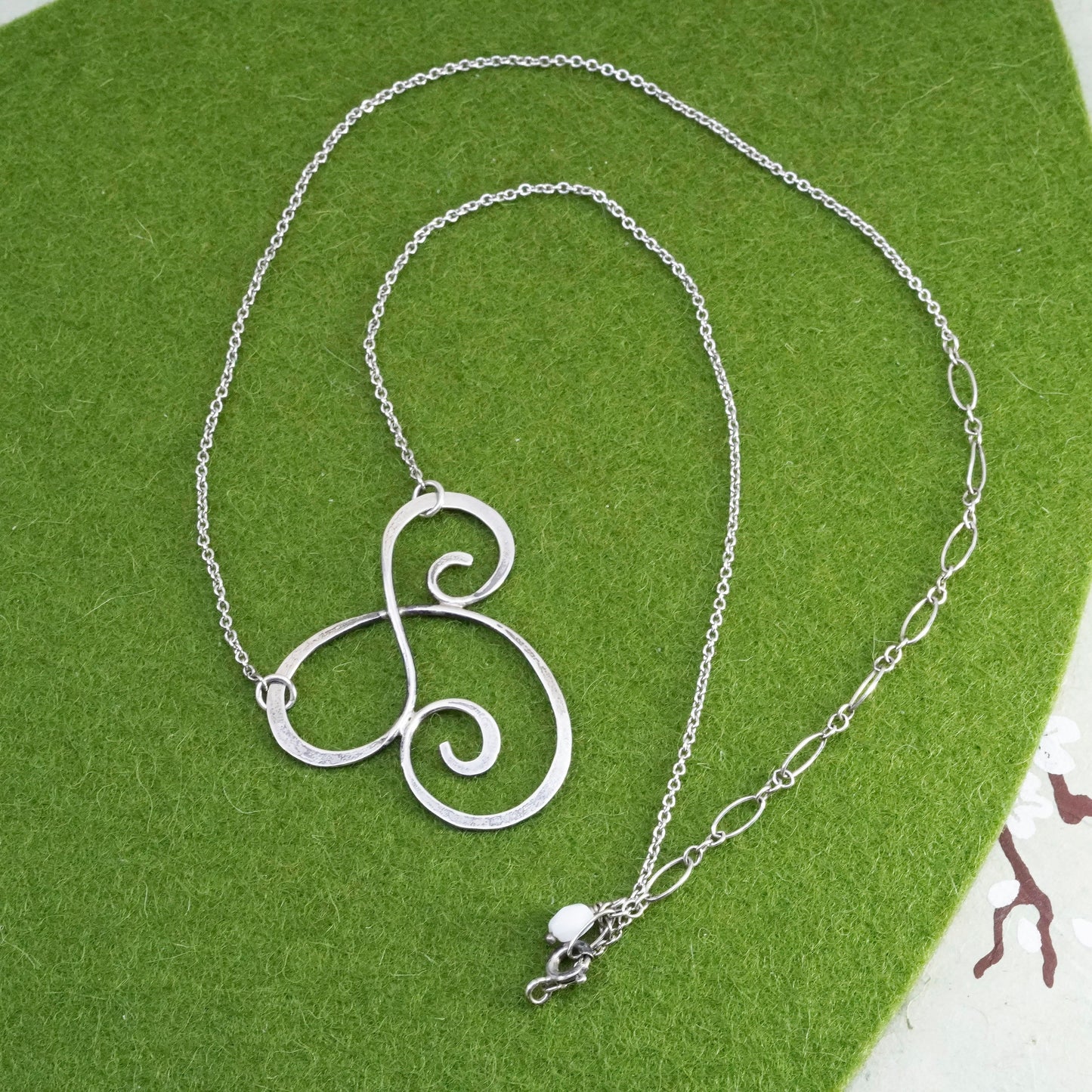 15+4” Sterling 925 silver handmade necklace, circle chain with swirly pendant