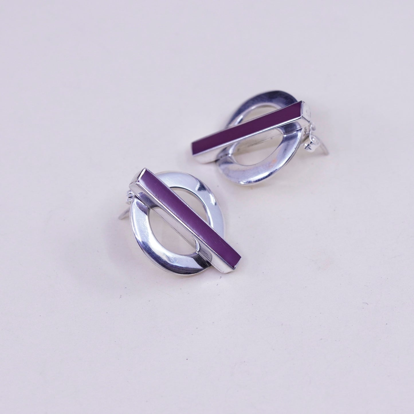 Vintage Sterling 925 silver handmade earrings circle studs with purple agate