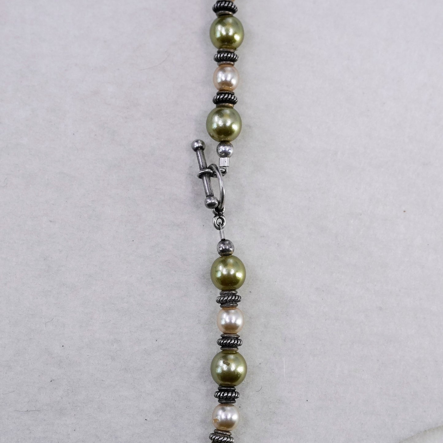 16”, vintage 8mm green pearl necklace with Sterling 925 silver clasp