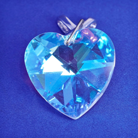 Vintage silver tone handmade pendant with blue glass heart