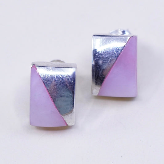 vtg sterling silver earrings, 925 square modern studs with pink mother of pearl