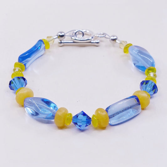 6.25”, vtg 925 Sterling silver beads bracelet w/ artisan blue beads N toggle