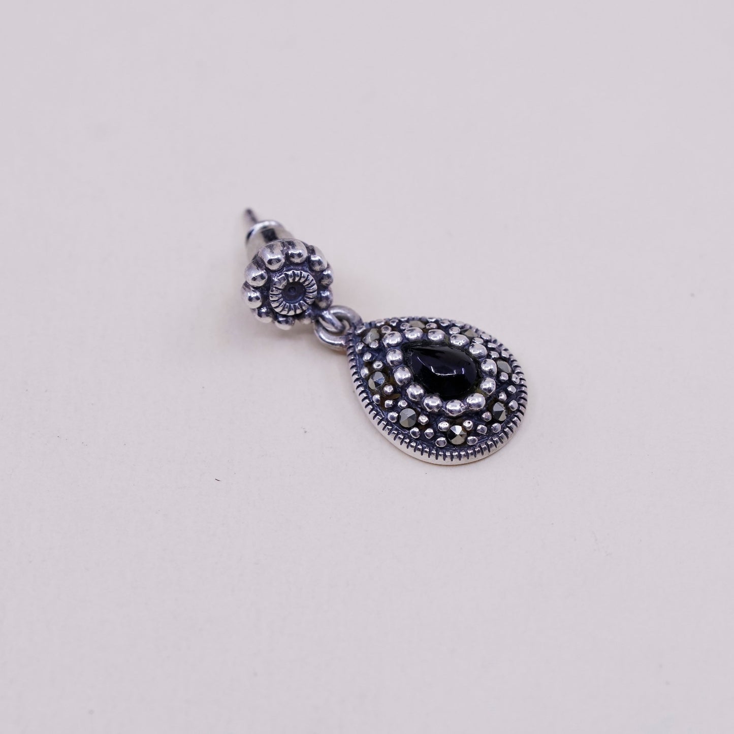 Vintage Sterling silver handmade earrings, 925 drops w/ obsidian and marcasite