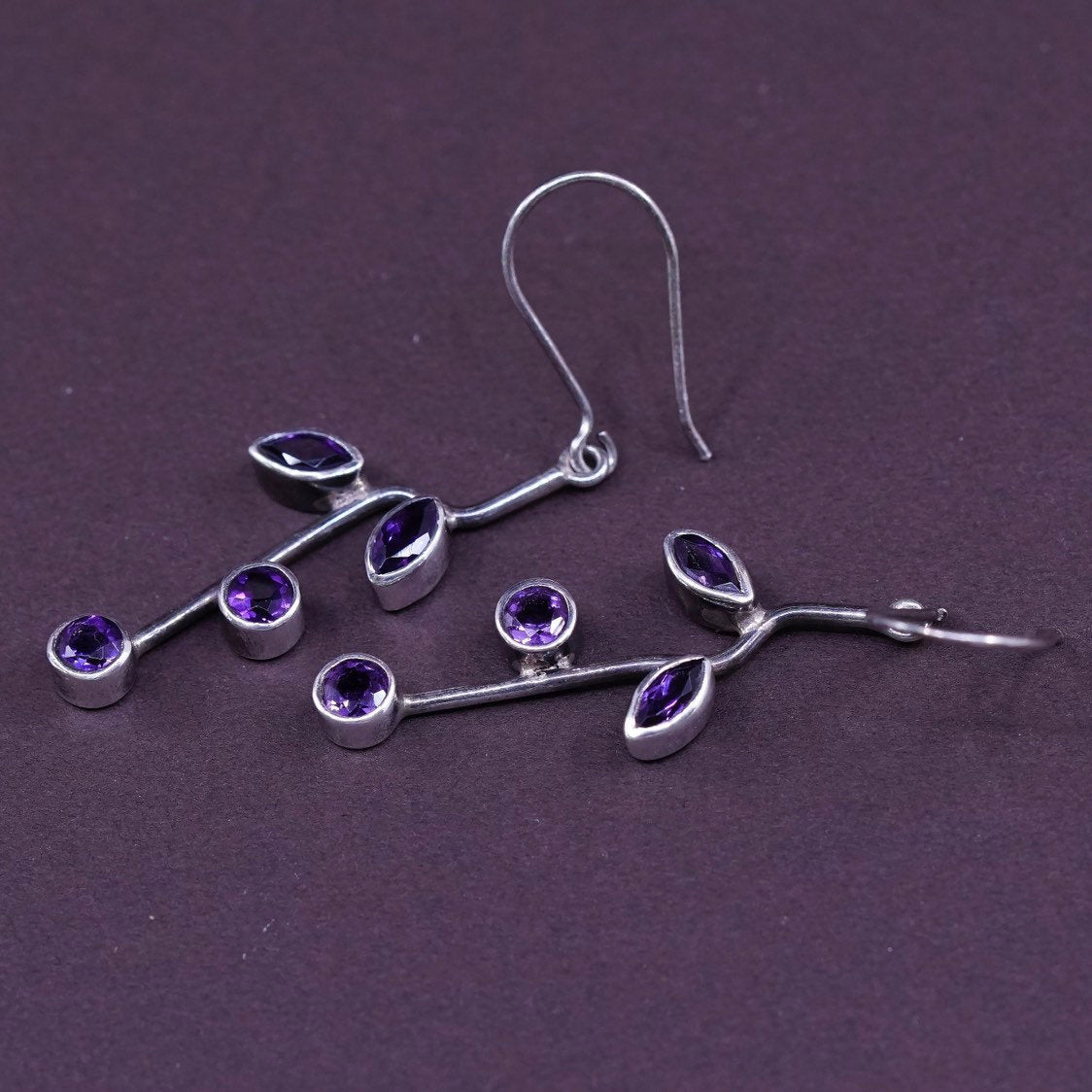 vtg Sterling silver handmade earrings, 925 w/ Marquise amethyst dangle