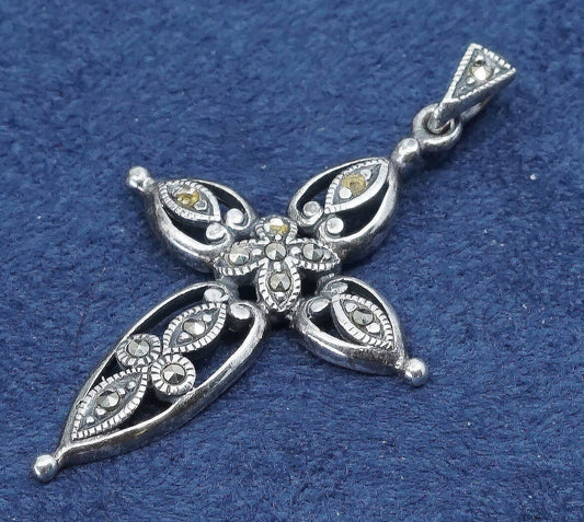 vtg Sterling silver handmade pendant, 925 w/ marcasite cross pendant