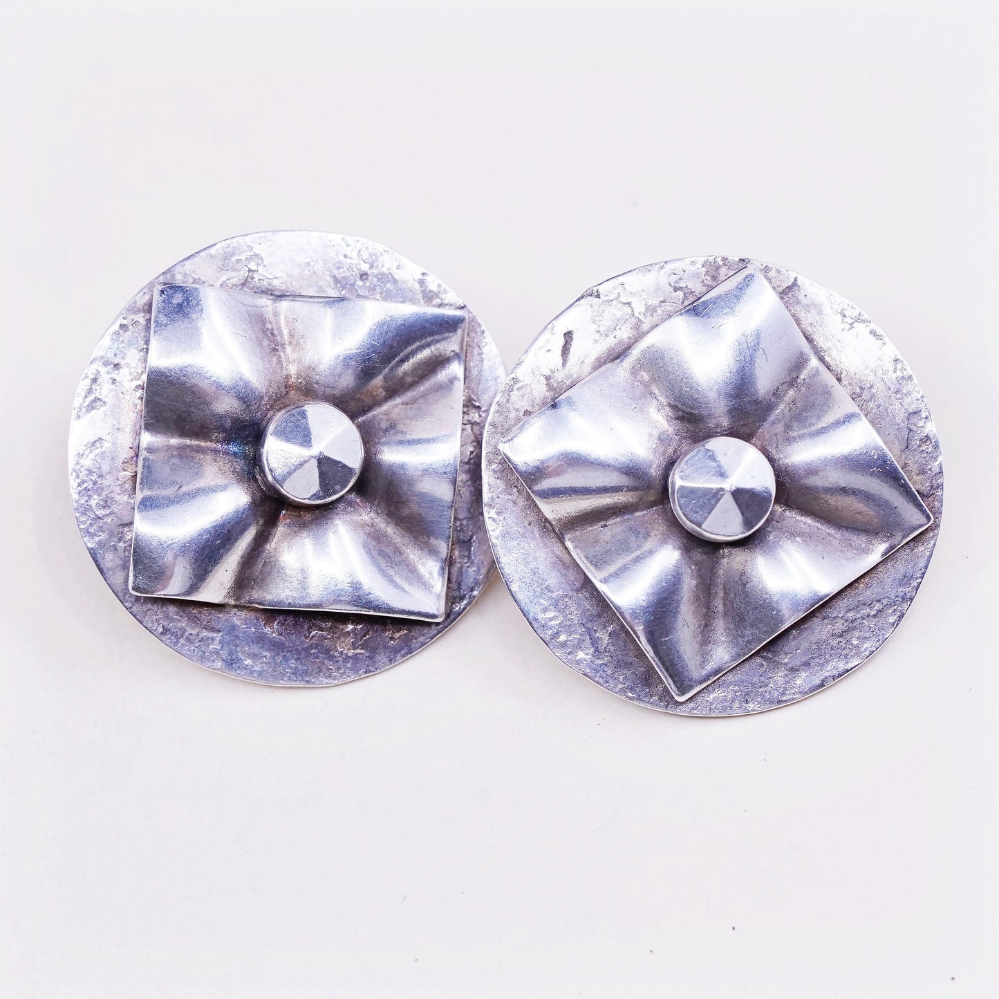 vtg Sterling silver handmade clip on earrings, 925 circle with flower