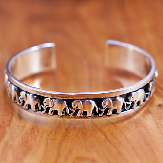 7.5”, Vintage Sterling silver handmade bracelet, wide 925 cuff with elephants