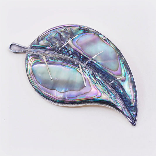 Antique Sterling silver handmade brooch, 925 leaf pin with abalone inlay