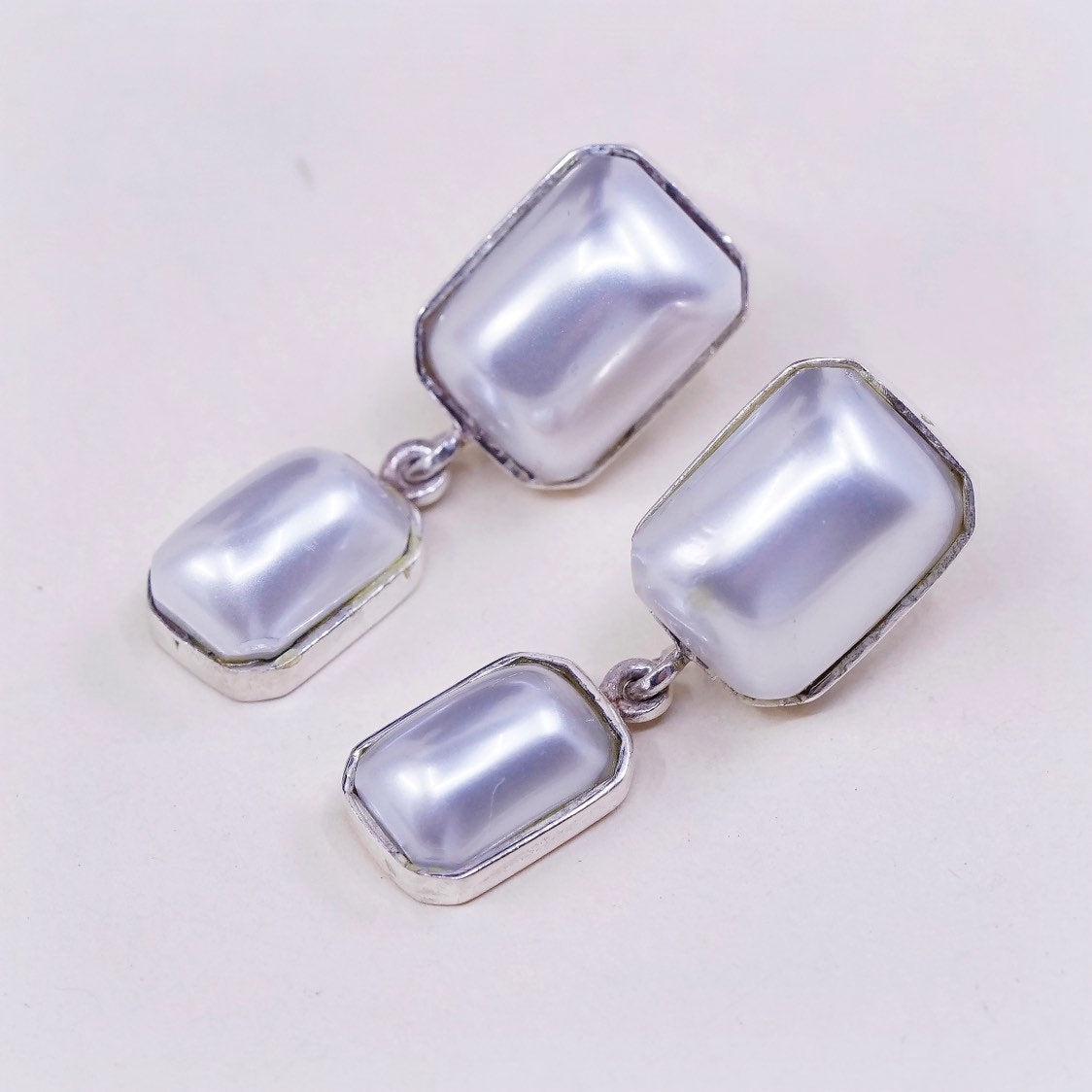 vtg JM Sterling silver handmade earrings, 925 w/ faux pearl drop
