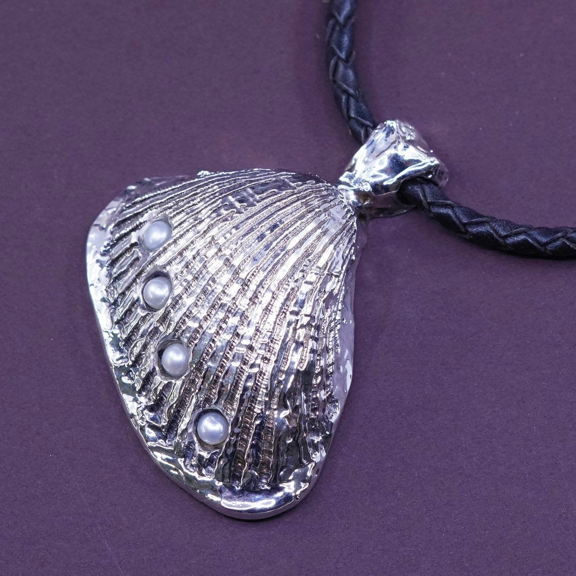 18", Sterling silver necklace, 925 shell pendant pearl N leather woven chain
