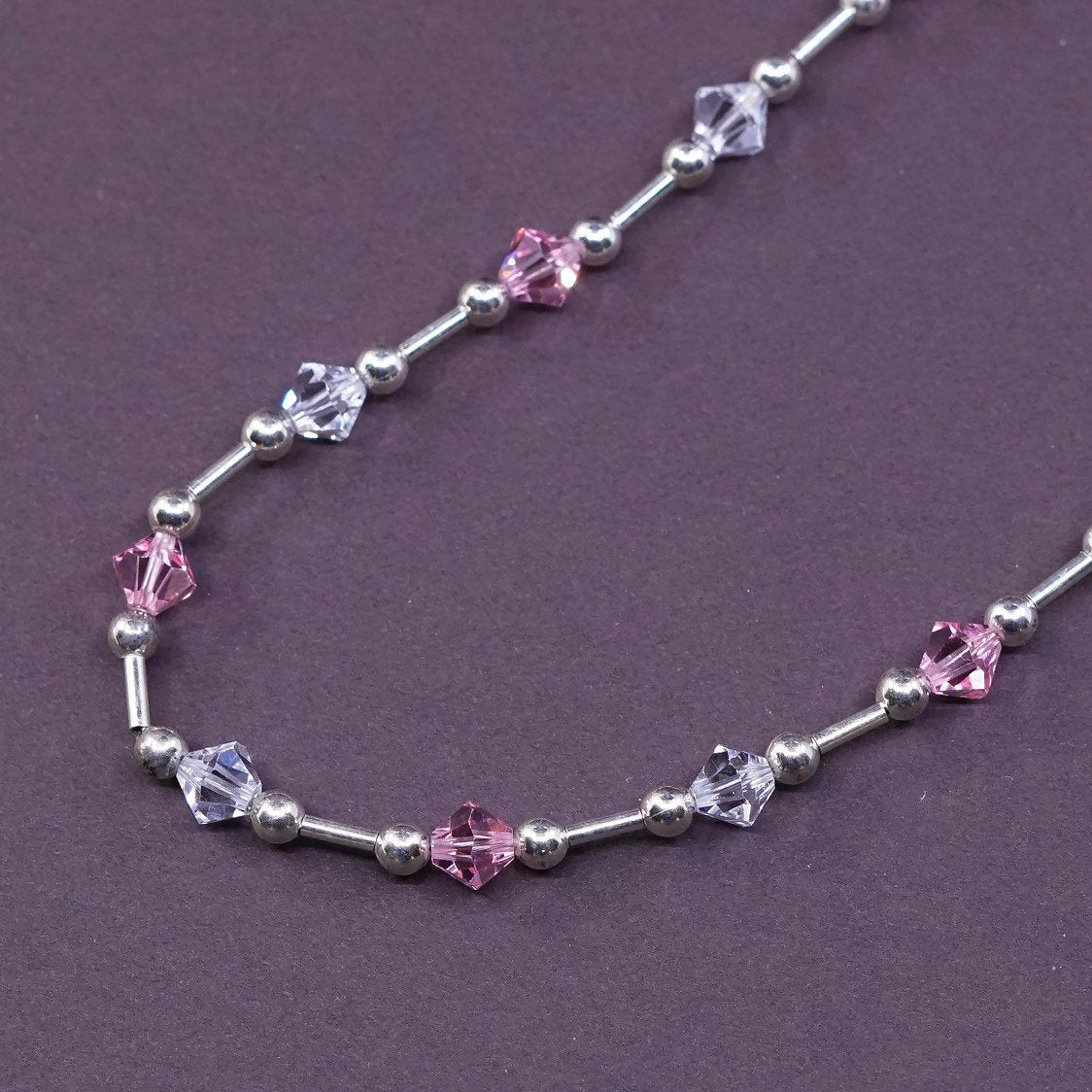 16" vtg Sterling silver necklace, 925 beads w/ pink crystal beads