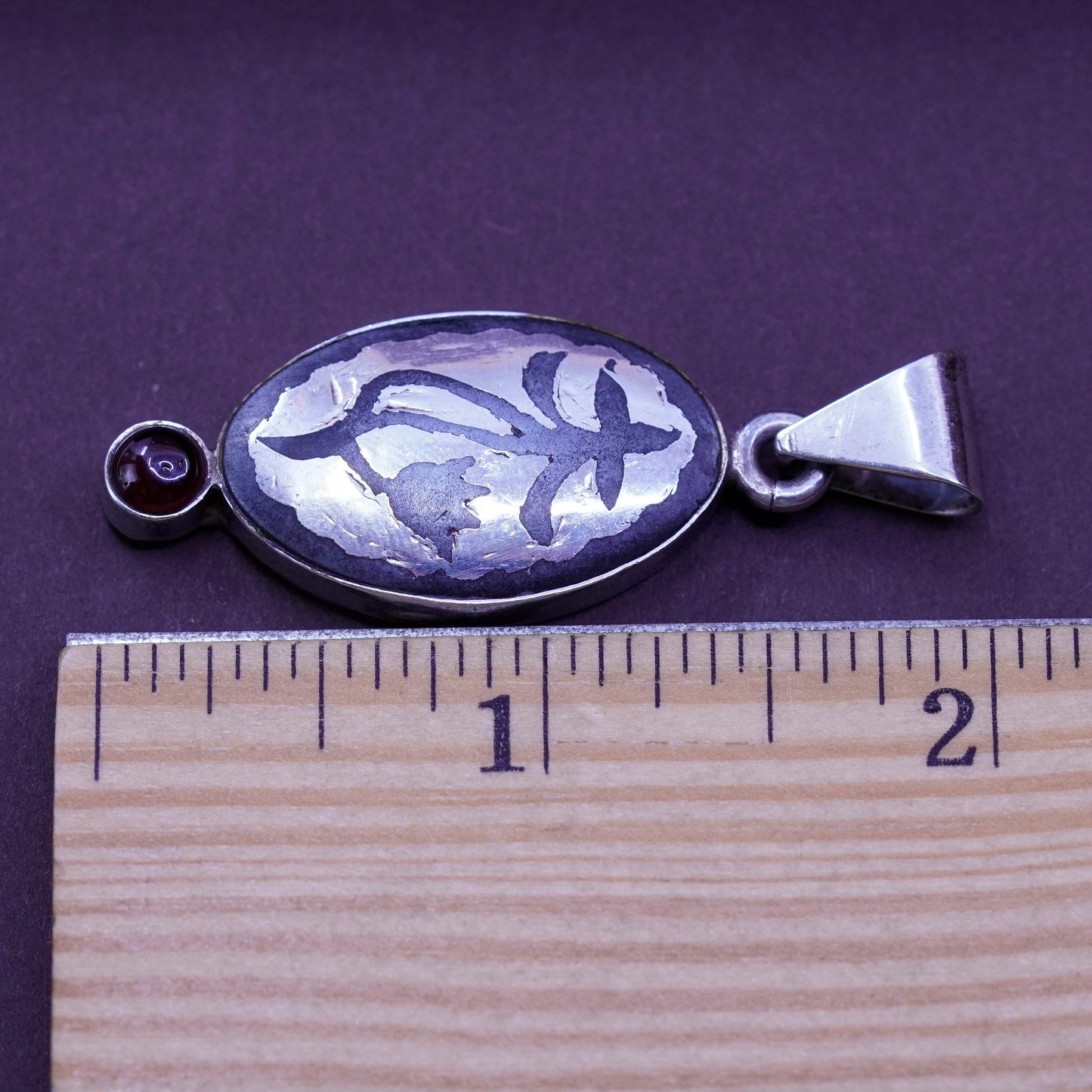 Vintage Mexico Sterling silver handmade pendant, 925 oval charm w/ garnet bead