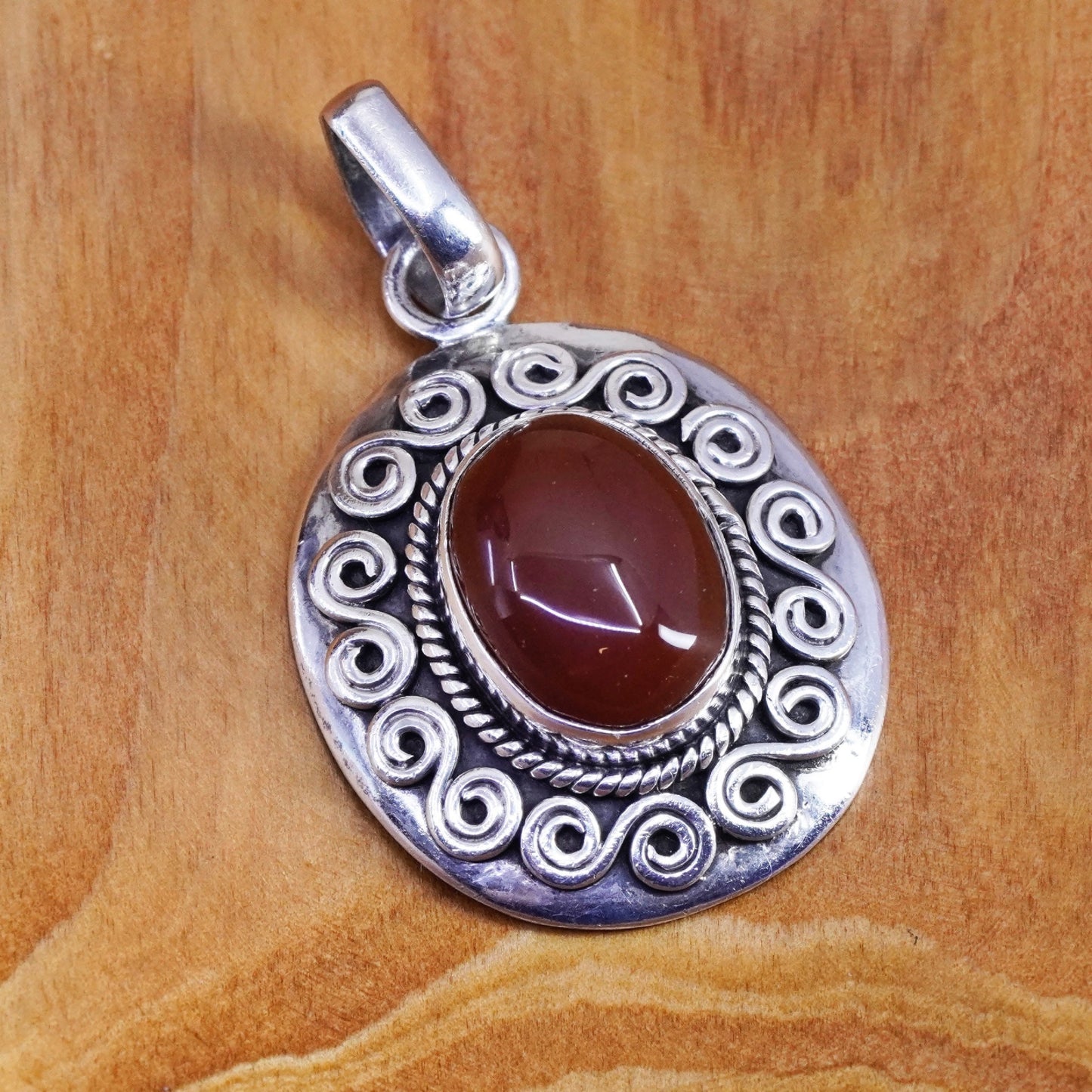 Vintage sterling silver Handmade slide Pendant, 925 swirly with oval Carnelian