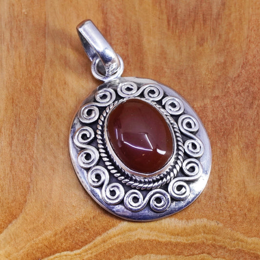 Vintage sterling silver Handmade slide Pendant, 925 swirly with oval Carnelian