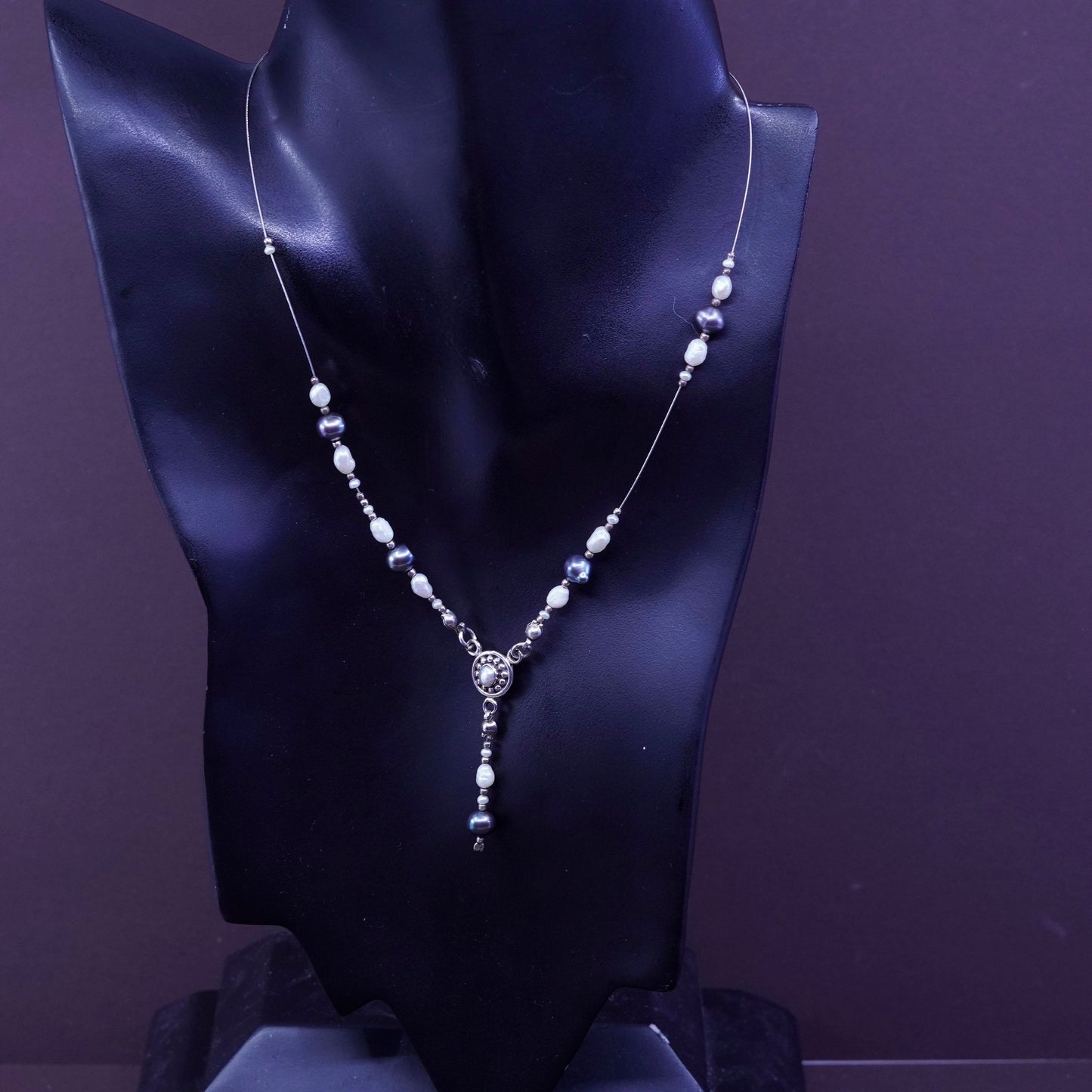 16”, vtg Sterling 925 silver handmade necklace w/ freshwater black white pearl
