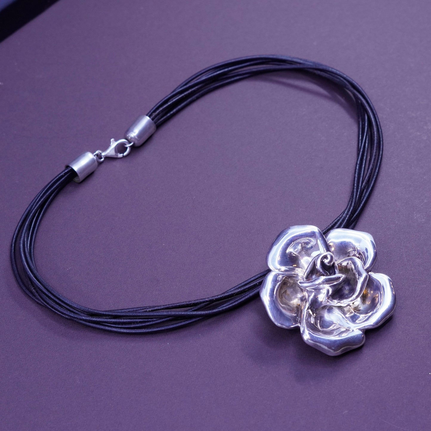 16”, handmade leather necklace with sterling 925 silver flower pendant