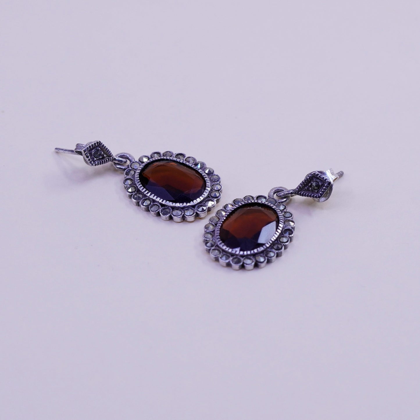 Vintage sterling 925 silver handmade earrings with ruby and Marcasite