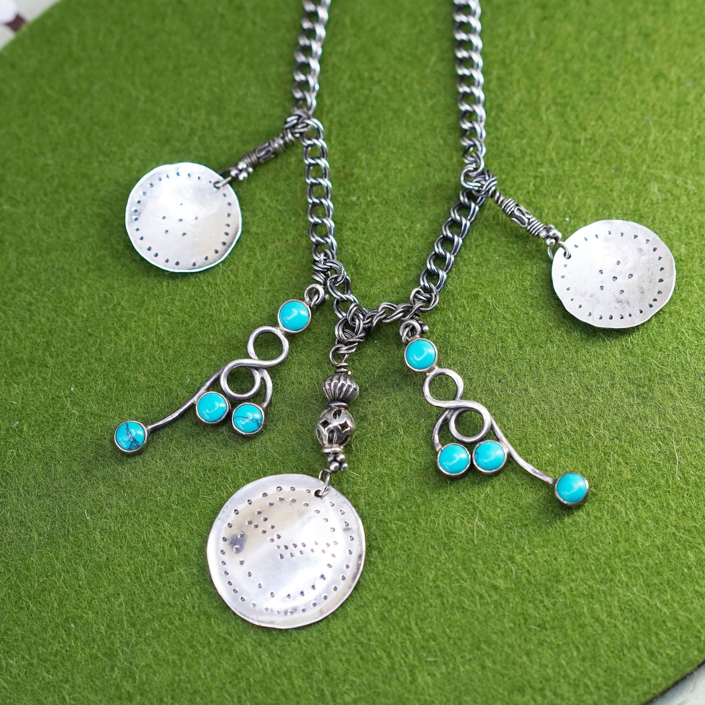 20”, Sterling 925 silver necklace, double curb chain with turquoise and discs