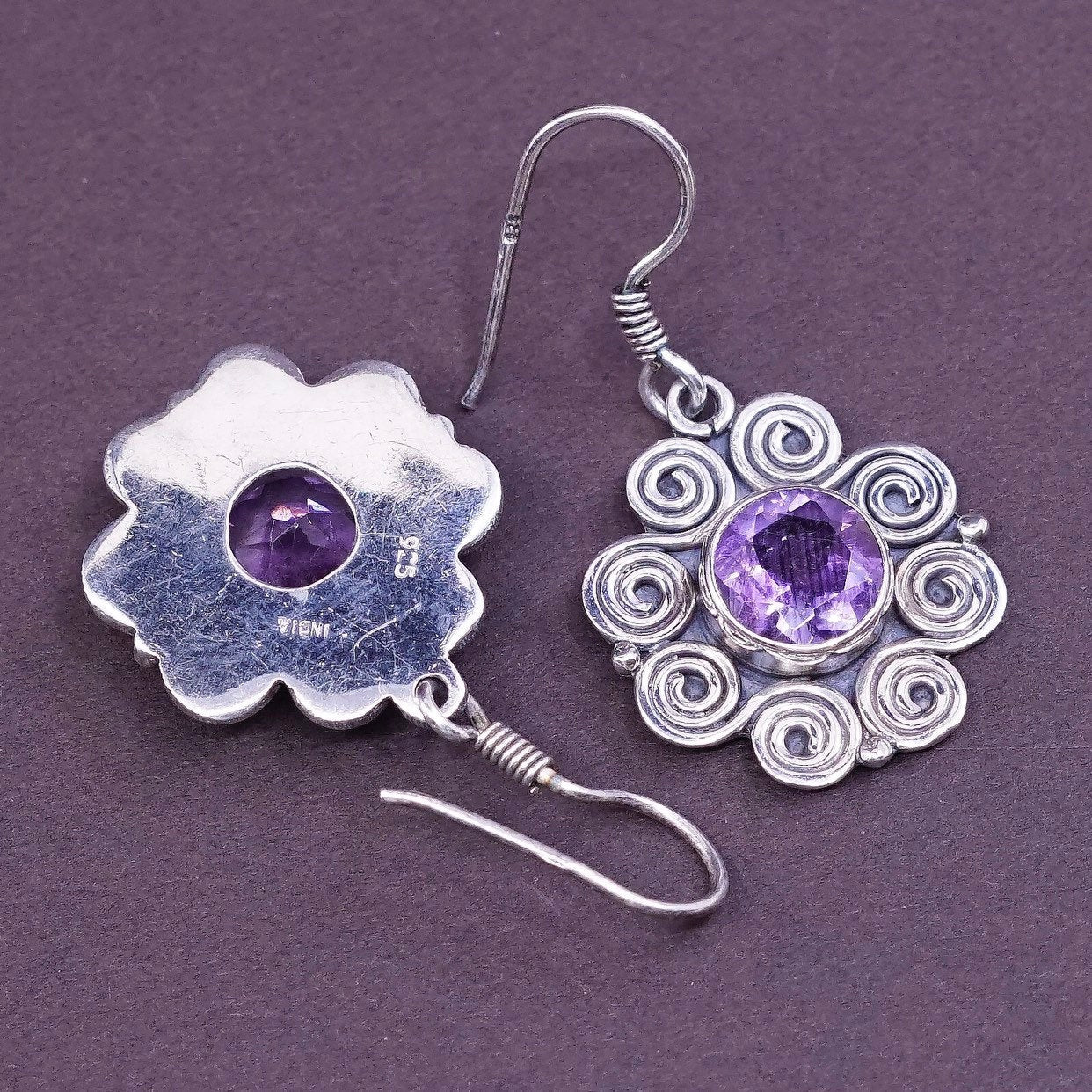 vtg Sterling silver handmade earrings, 925 swirl flower dangles w/ amethyst