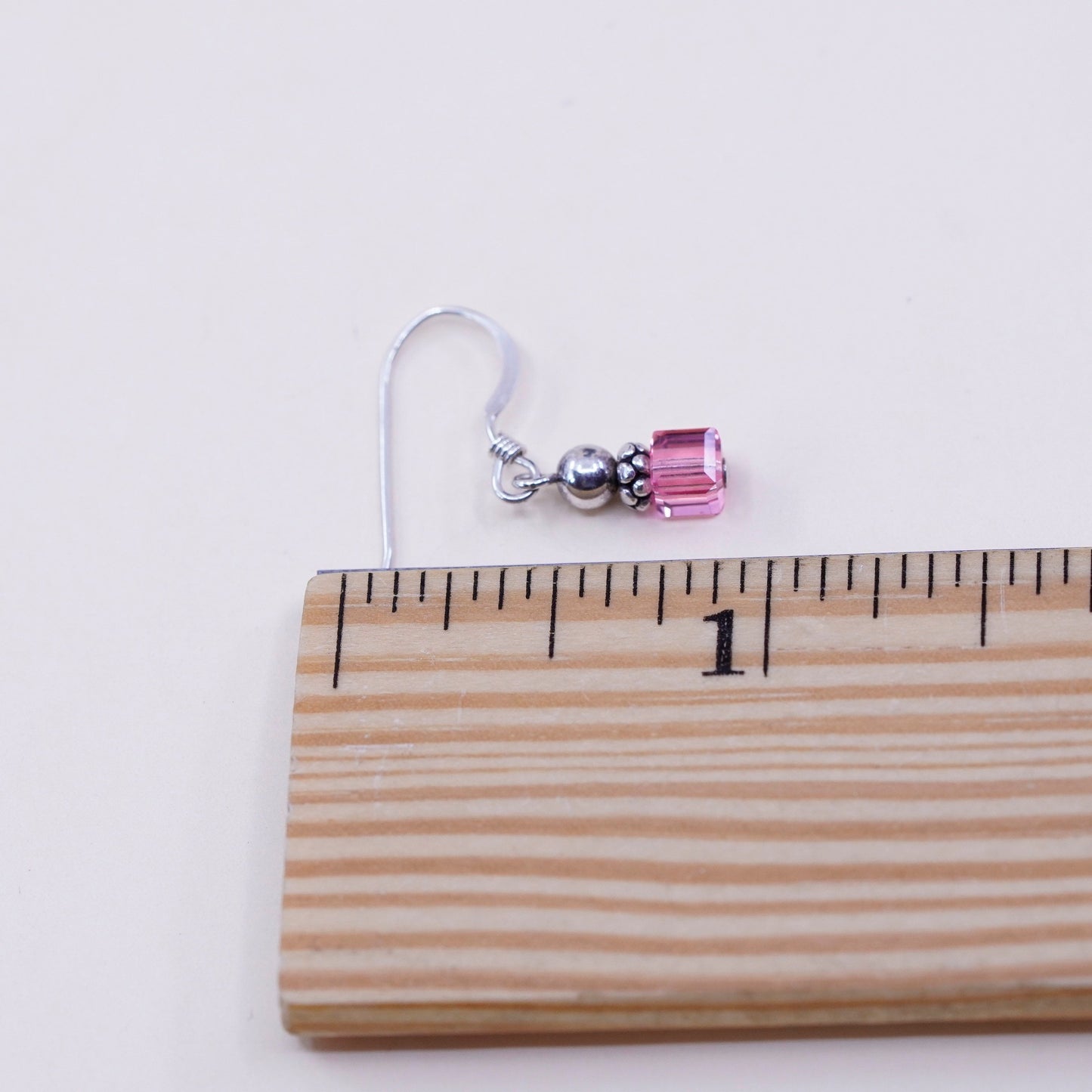 Vintage Sterling 925 silver handmade earrings, with pink crystal cube, stamped 925