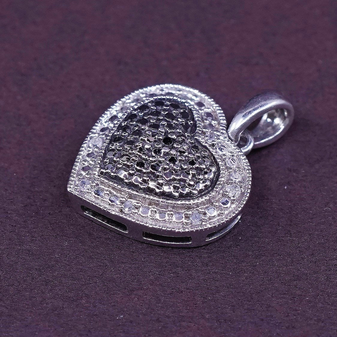 vtg sterling silver pendant, 925 heart w/ genuine diamond stamped 925 Sun NDS