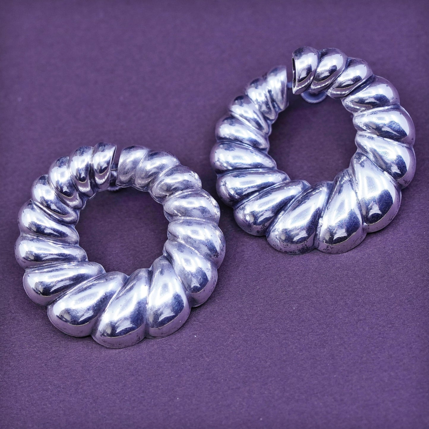 Vintage Sterling silver handmade screw back earrings, twisted 925 ribbed circle