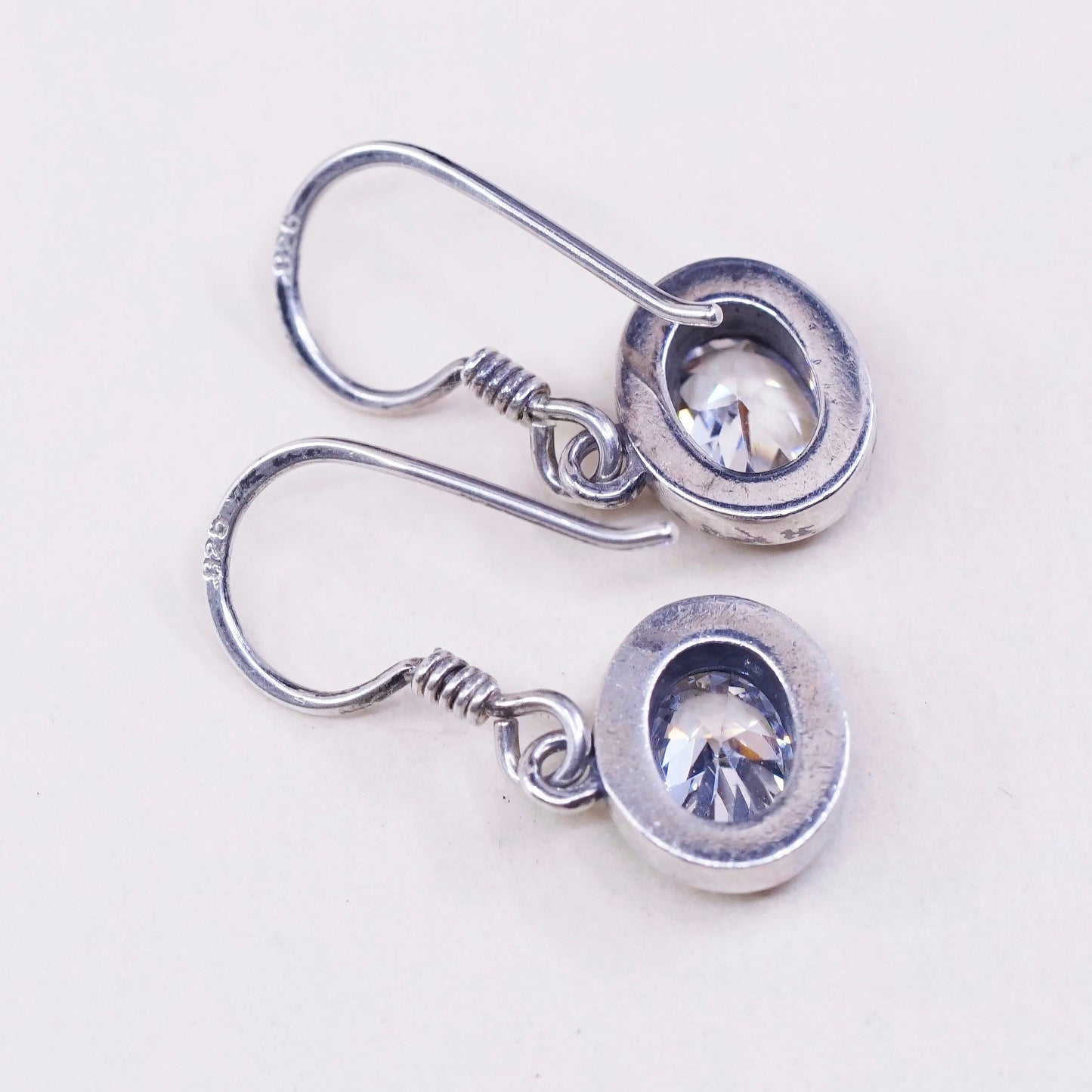 Vintage sterling silver handmade earrings, 925 silver with oval CZ, stamped 925