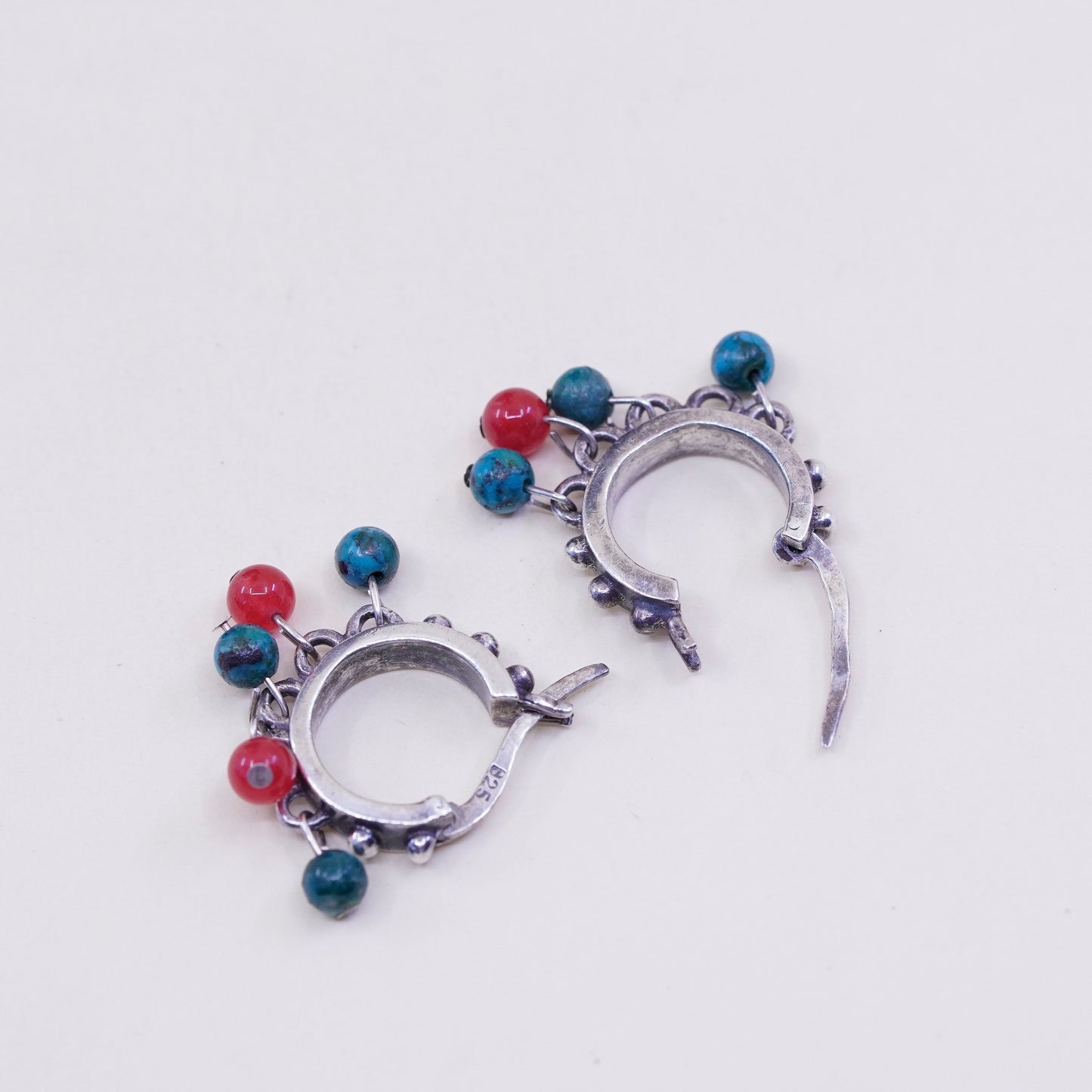Sterling silver earrings, 925 hoops Huggie w/ cluster turquoise carnelian beads