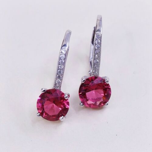 Vtg STERLING SILVER earrings W/ Round ruby dangles N Cz Around, Stamped 925