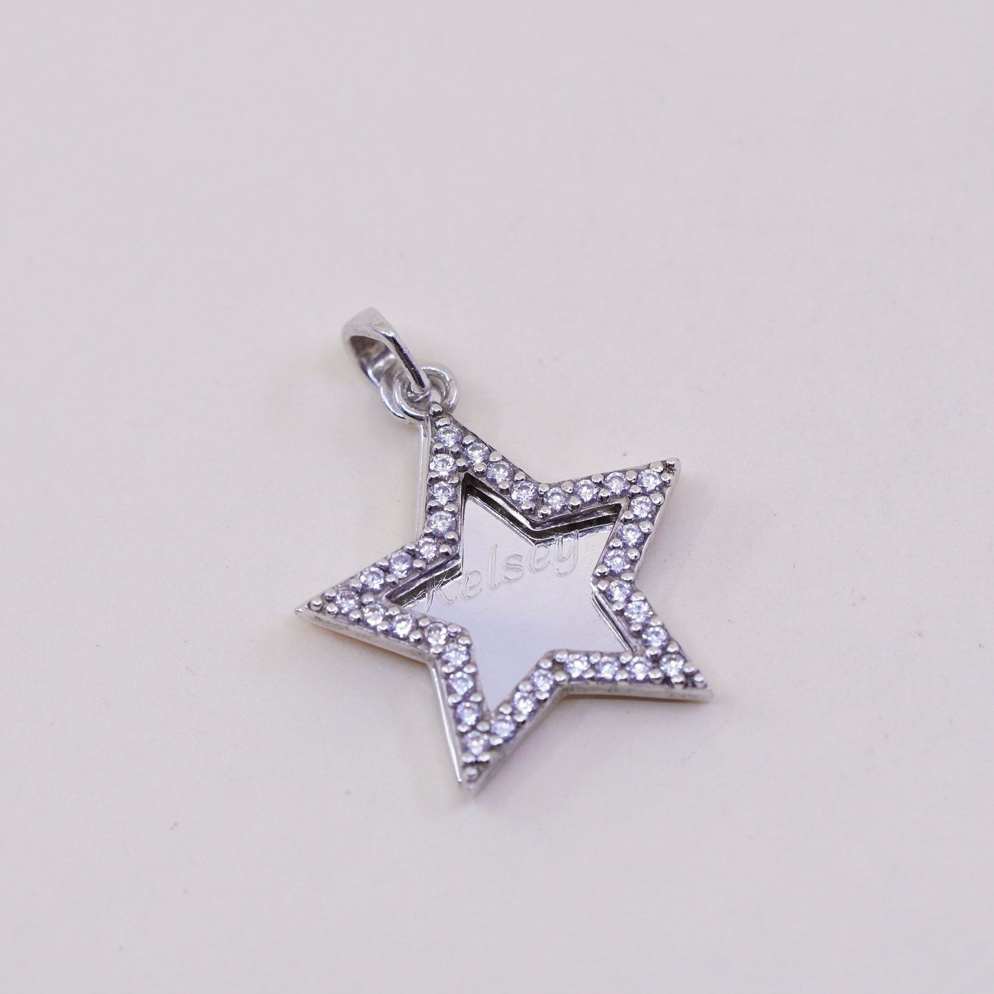 Sterling silver Pendant, 925 star Pendant with Cz and engraved name “Kelsey”