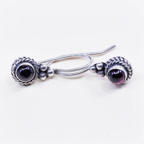 vtg Sterling silver handmade earrings, 925 with garnet, dangle