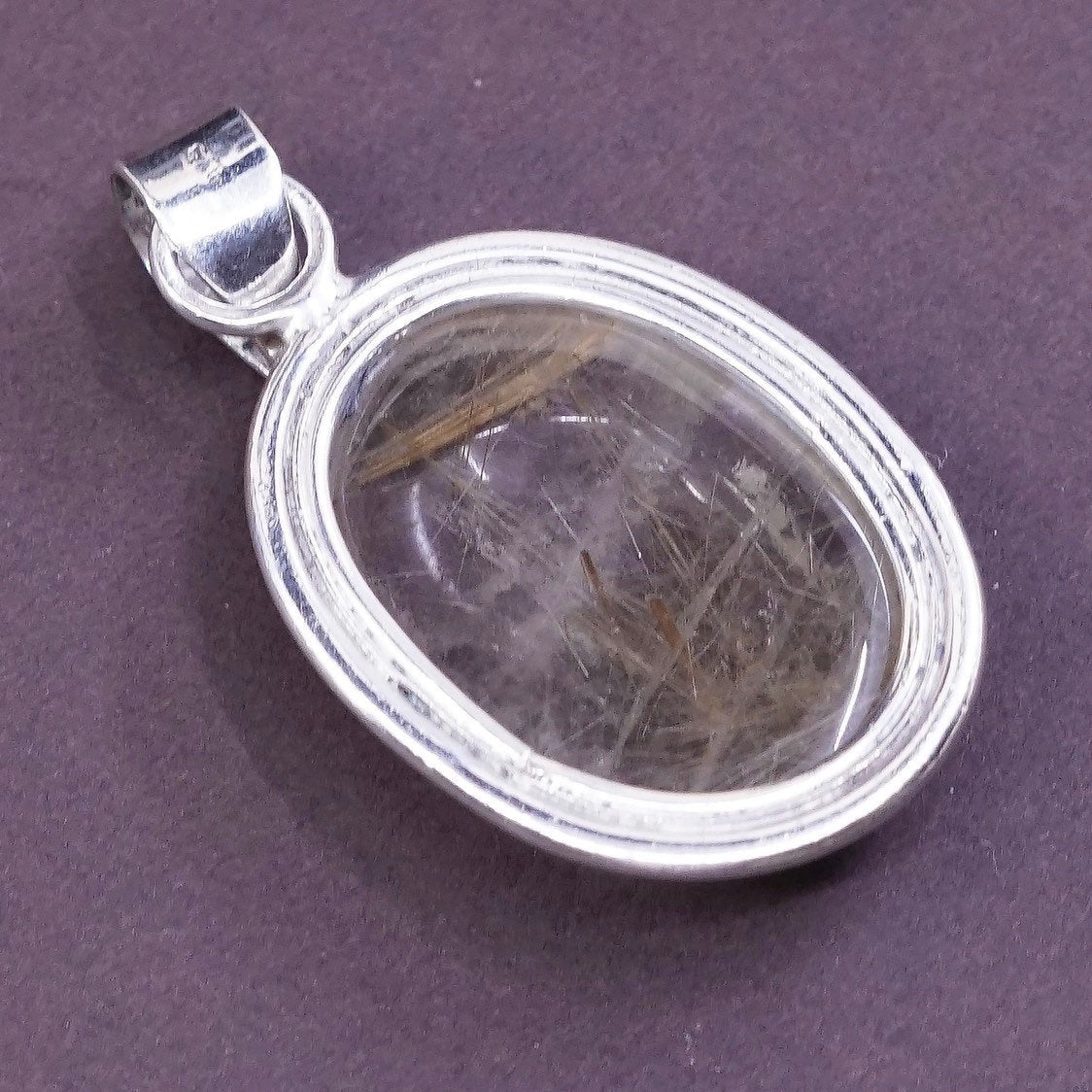 vtg Sterling silver handmade pendant, solid 925 silver with rutilated quartz