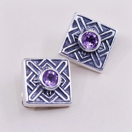 Vintage Sterling 925 silver handmade clip on square earrings with amethyst