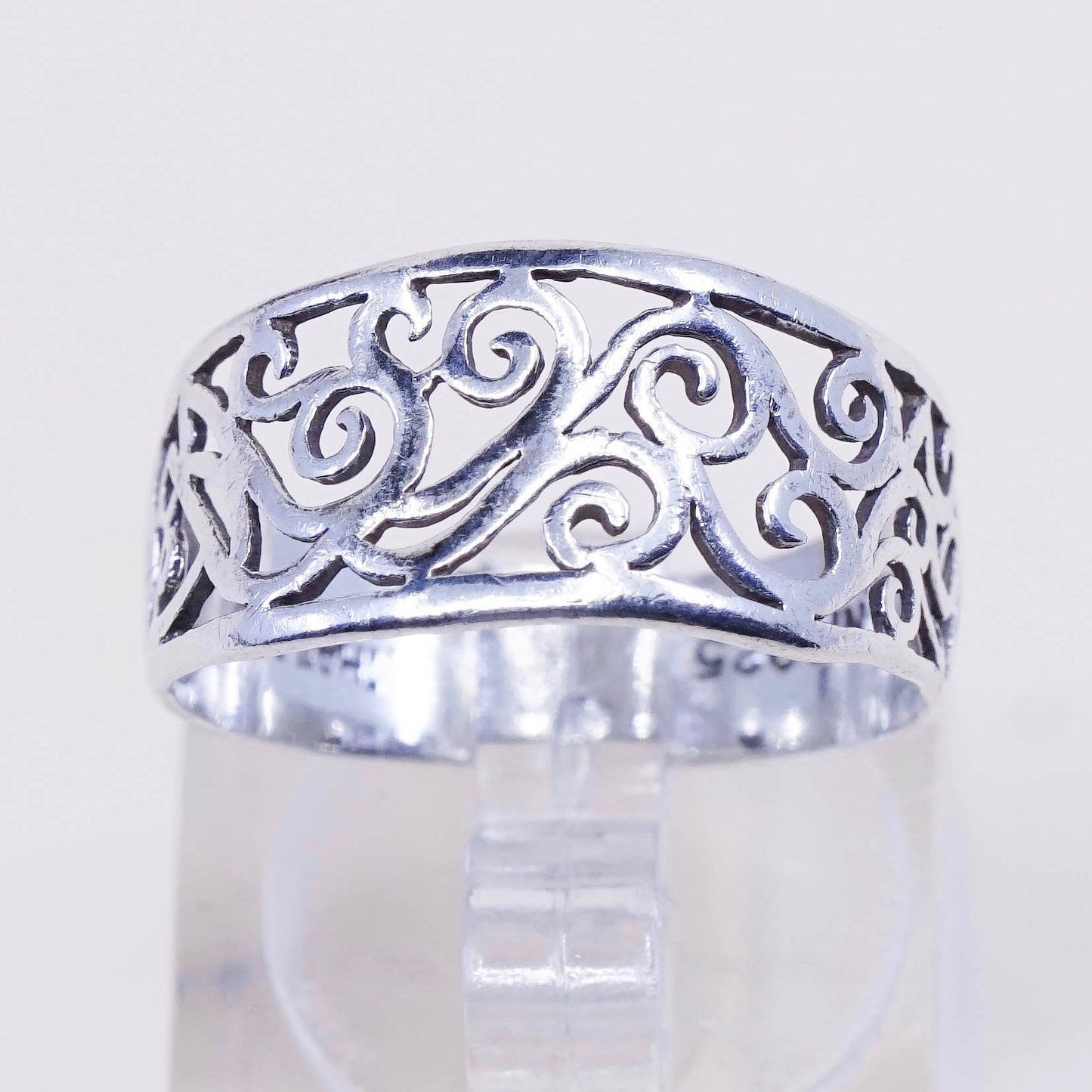 Size 7.25, vintage sterling silver handmade ring, 925 band with whirl filigree