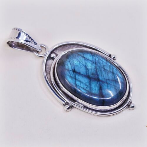 Vtg Sterling Silver Handmade Teardrop Pendant With Labradorite, Stamped 925