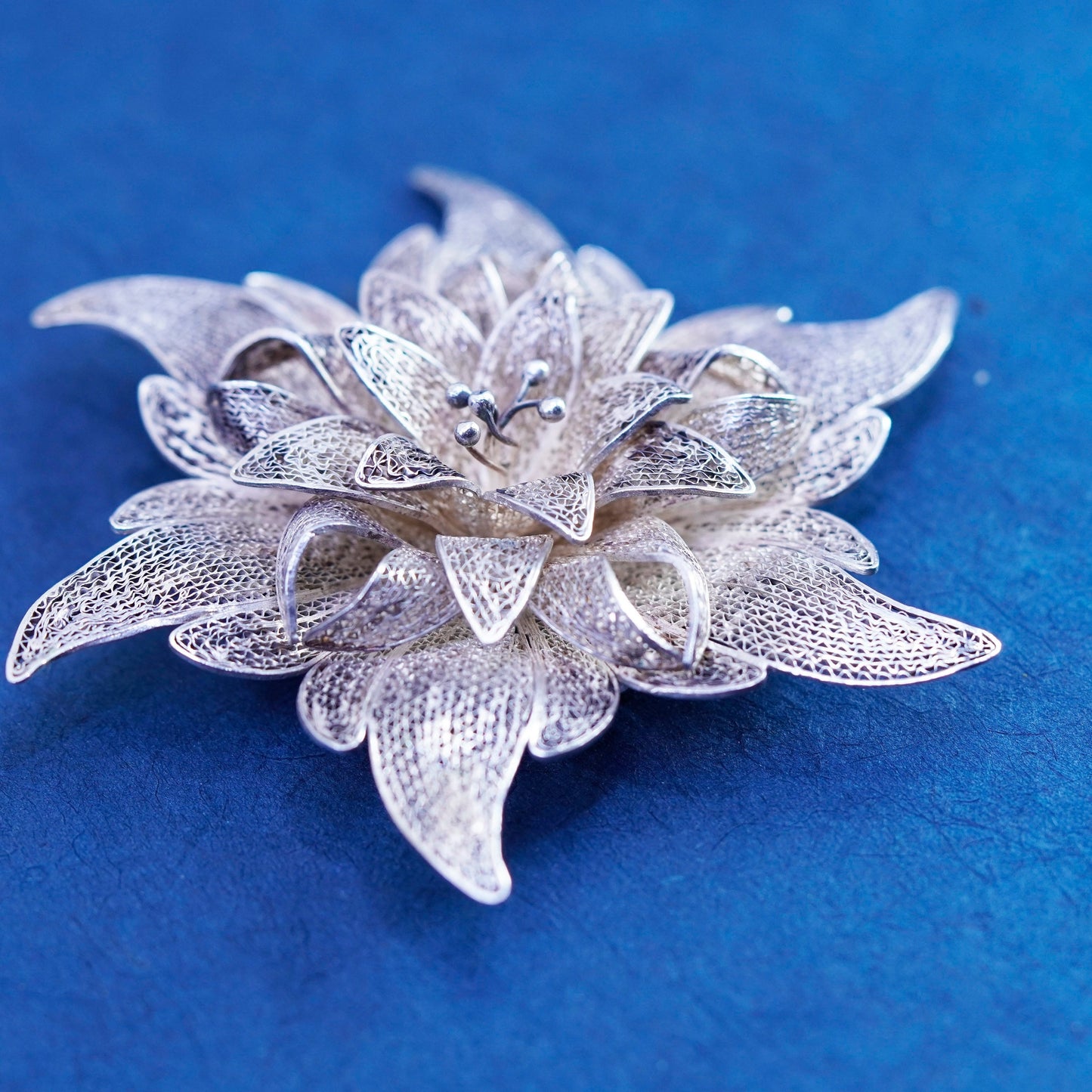 Vintage sterling silver handmade brooch, 925 filigree flower snowflake pin