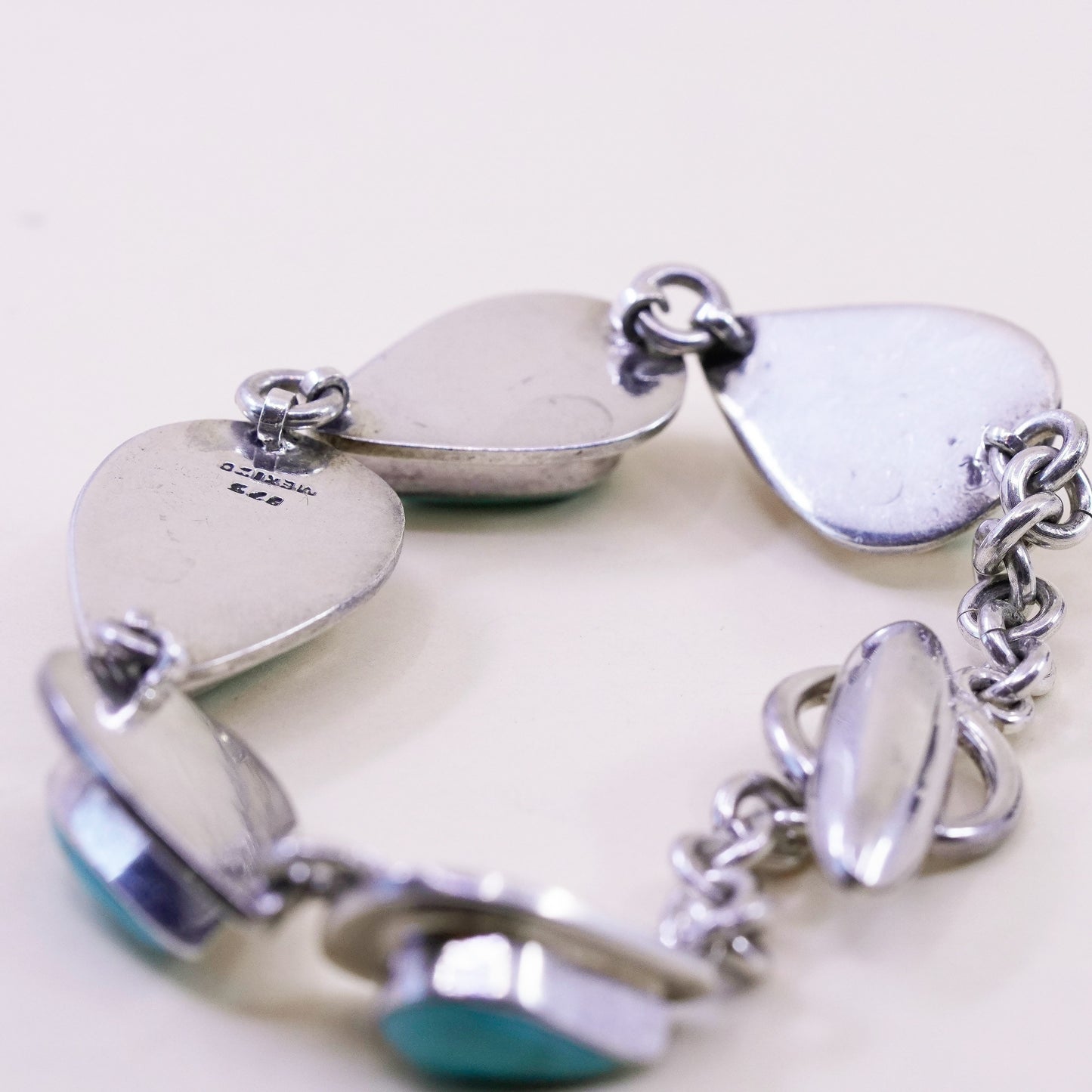 7.5”, Sterling silver handmade bracelet, Mexico 925 chain teardrop turquoise