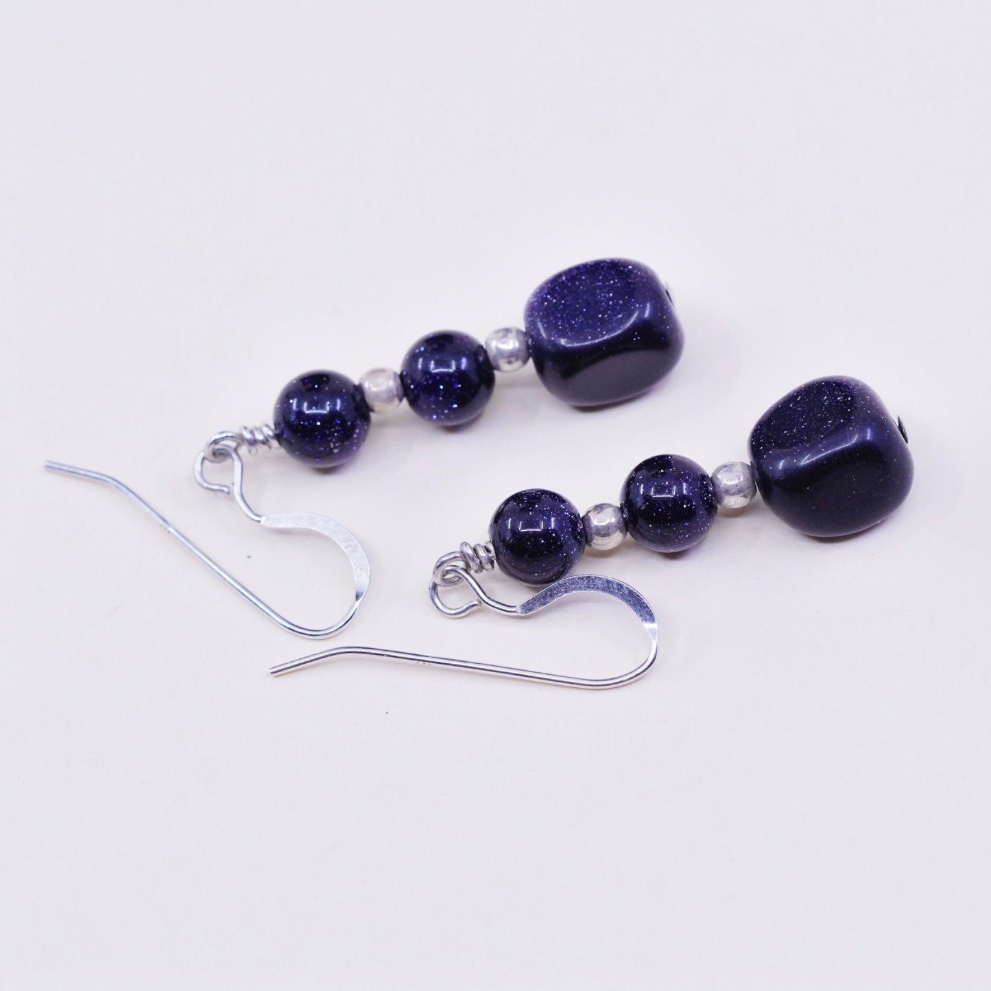 Vintage Sterling silver handmade earrings, 925 hooks with blue glitter cubes, stamped 925