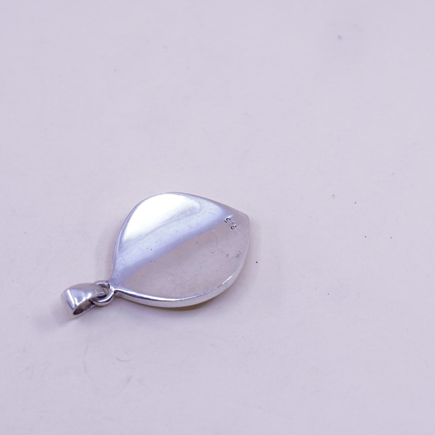 Vintage sterling silver pendant, 925 leafy handmade charm with mother of pearl