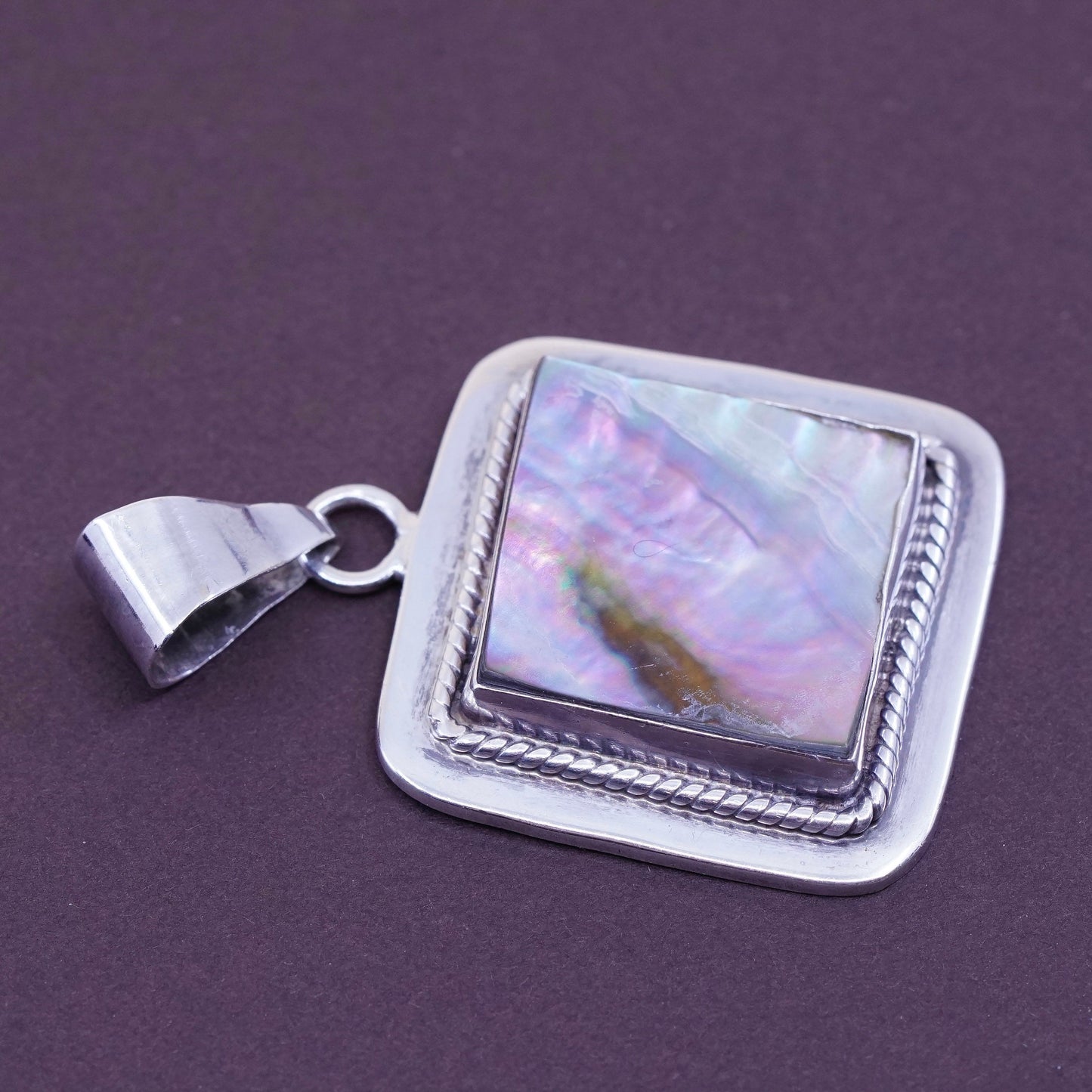 Vintage mexico Sterling 925 silver handmade square pendant with abalone