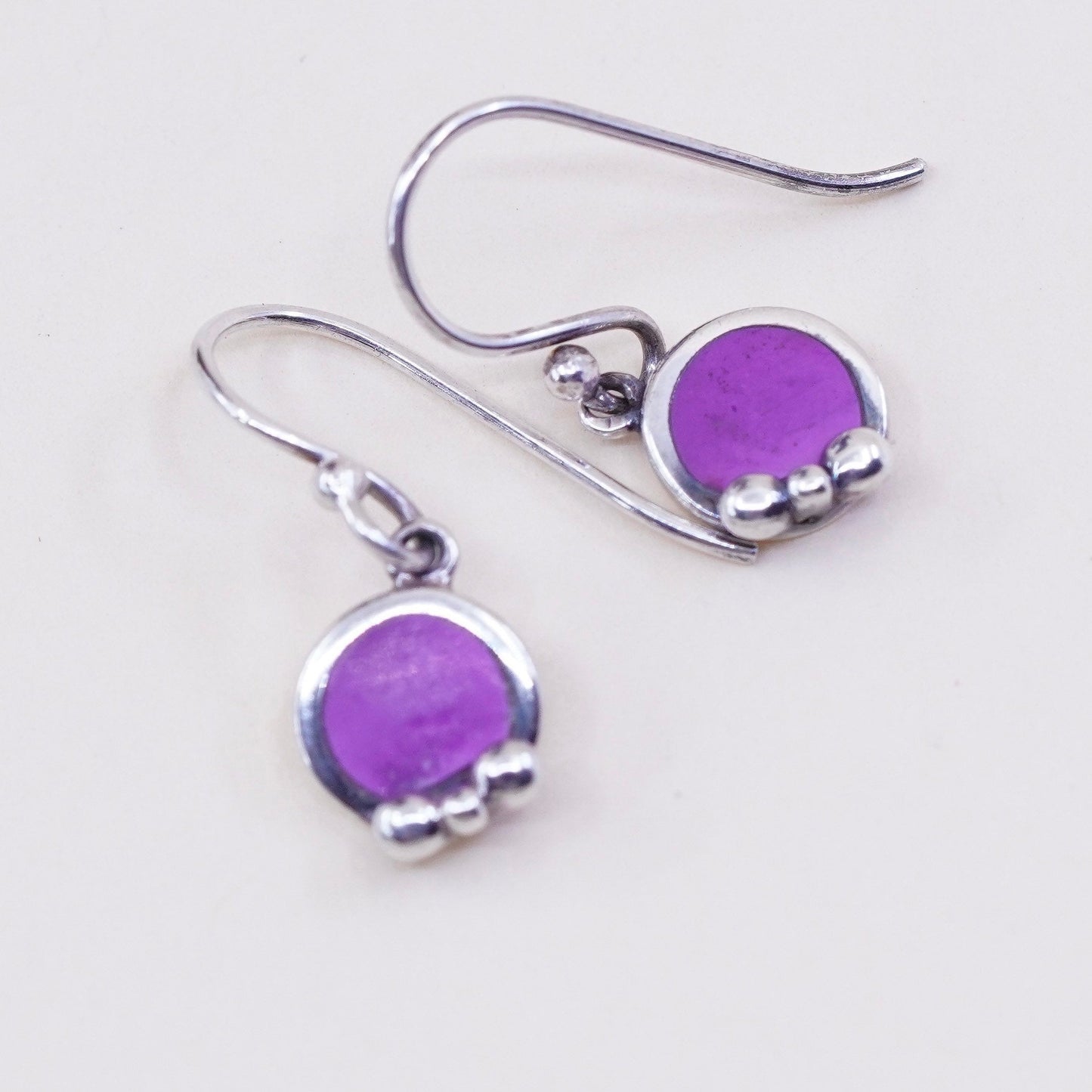 Vintage sterling 925 silver handmade earrings with purple howlite and beads
