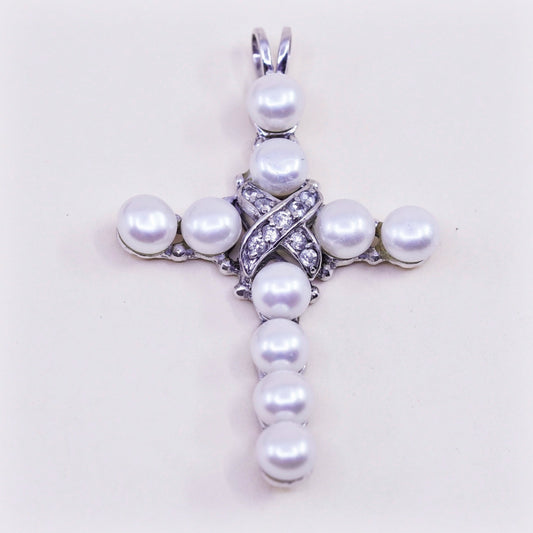 Vintage sterling 925 silver pendant with pearl and cz