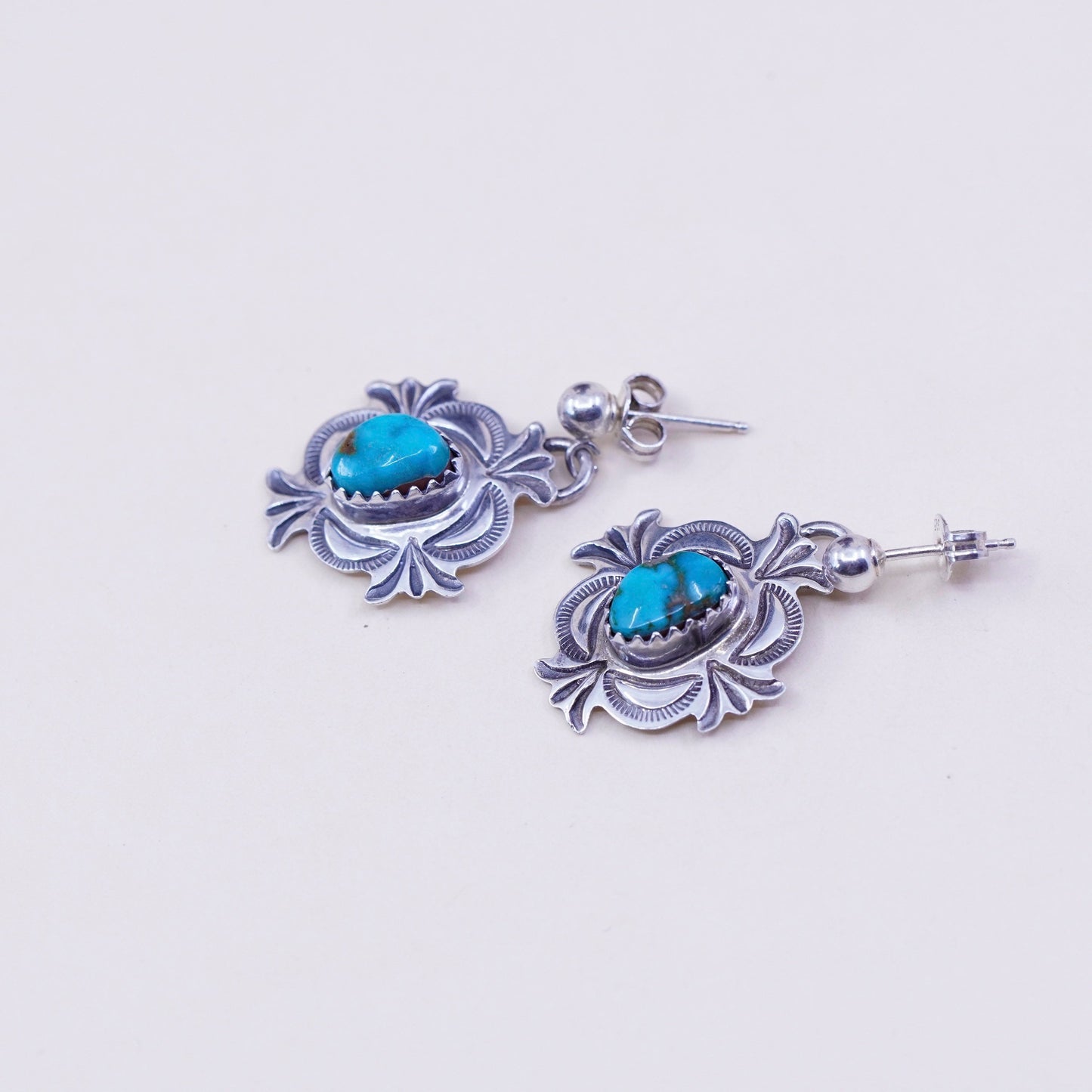Native American alex sanchez handmade earrings. Navajo Sterling 925 silver dangles with turquoise, stamped Alex Sanchez sterling