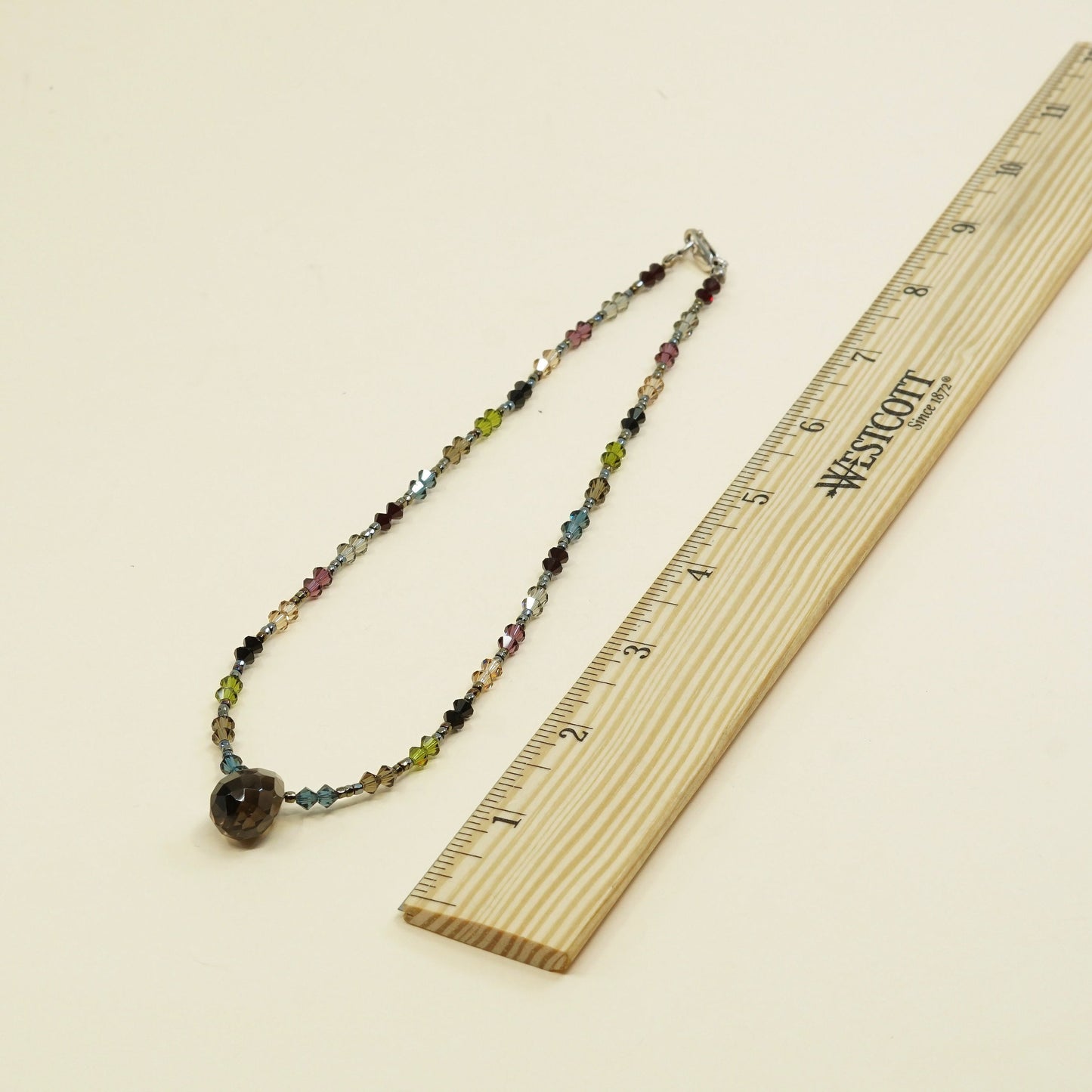 16", vtg handmade crystal bead necklace with smoke topaz pendant