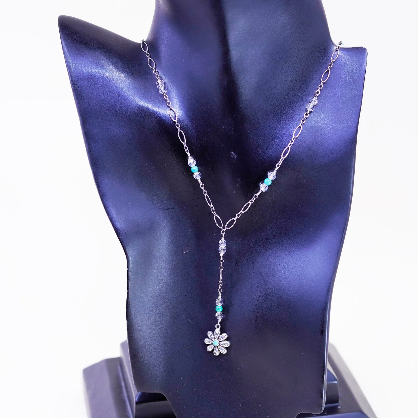 20”, Barse sterling 925 silver necklace, oval chain cz turquoise flower pendant