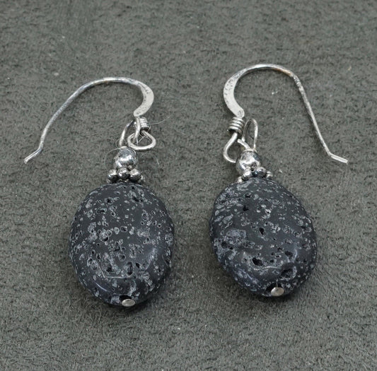 vtg Sterling silver handmade earrings, 925 w/ black volcano rock dangles